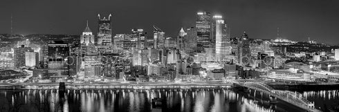 PHOTOSBYJON Pittsburgh Skyline UNFRAMED Photo Print Night Downtown City Black & White BW 11.75 inches x 36 inches Photographic Panorama Poster Pic...