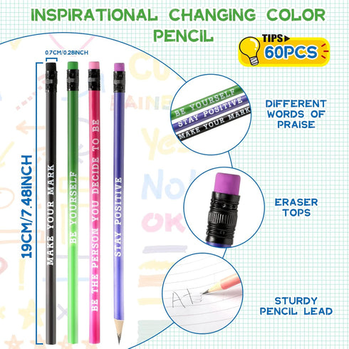 60 Pcs Inspirational Pencils Personalized Pencils with Name Cute Pencils Motivational Pencils for Student Color Changing Mood Pencils for Kids Sch...