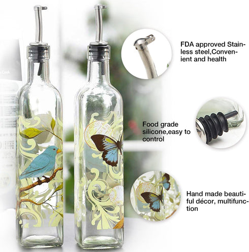 CEDAR HOME Olive Oil Bottle Set Glass Dispenser Vinegar Cruet 17oz. with Stainless Steel Leak Proof Pourer Spout for Cooking or Salad...