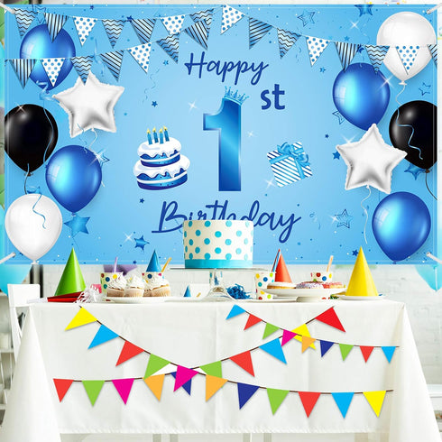 Happy 1st Birthday Backdrop Banner Blue Newborn Boys First Birthday Backdrop Photography Background for 1st Birthday Baby Shower Party Decorations...