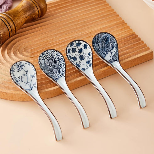 Soup Spoons Set of 4,Asian Soup Spoon Ceramic Ramen Spoons, Japanese Soup Spoon Long Handle Perfect Depth for Dumpling, Pho, Noodles, Miso, Chines...