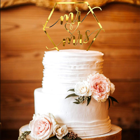 Larger Size Acrylic Mirror Gold Hexagon Elegant Handwriting Mr and Mrs Cake Toppers, Wedding, Bridal Shower, Engagement, Anniversary Monogram Cake...