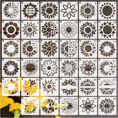 35 Pack Sunflower Flower Stencils for Painting on Wood, Floral Stencil Spring Nature Template for DIY Craft Wall Fabric Rock Chalkboard Sign Schoo...