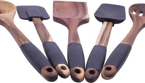 TOOKSA- Premium 5 Piece Acacia Multi-Toned Light and Dark Wooden Spoon, Turner and Spatula Utensil Set with Silicone, Rubber, Non-Slip Handles (Bl...