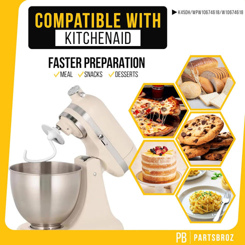 PartsBroz Kitchen Aid Dough Hook Attachment for Stand Mixer 4.5 Qt, 5 Qt for KitchenAid Dough Hook Attachment K45DH for Artisan Bread Kneading Mod...