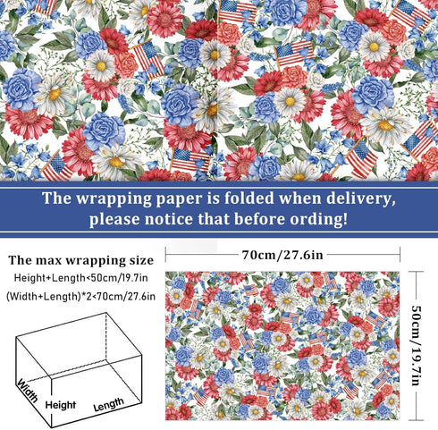 Whaline 10 Sheets Patriotic Floral Wrapping Paper 4th of July Flower Bouquet Star American Flag Gift Wrap Paper Bulk Folded Flat DIY Craft Art Pap...