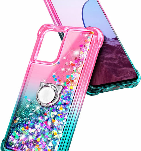 NZND Case for OnePlus Nord N300 5G with Tempered Glass Screen Protector (Maximum Coverage), Ring Holder/Wrist Strap, Glitter Liquid Floating Water...