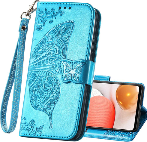 Galaxy A32 5G Case,for Samsung A32 5G PU Leather Wallet Flip Protective Phone Case with Wrist Strap Card Slots Holder Pocket Emboss Butterfly Flow...