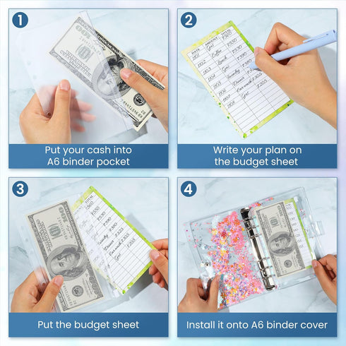 12PCS PVC A6 Binder Pockets + 12PCS Monthly Expense Tracker Budget Sheets, Clear Zipper Cash Envelopes for Budgeting, 6-Hole Planner Binder Insert...