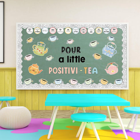 94Pcs Positivi-Tea Bulletin Board Set Motivational Paper Cutouts with 200Pcs Glue Points Kettle Teacup Bulletin Border Stickers for Classroom Offi...