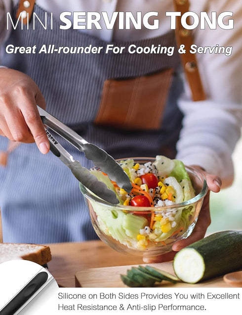 Anaeat 7" Mini Cooking Tong Stainless Steel - Sturdy Coiled Spring Locking Kitchen Food Tong with Non-Slip Silicone Grip for Serving, Cooking, Bak...