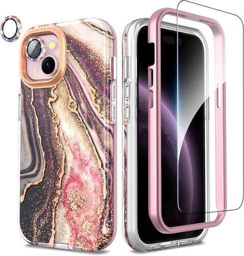 iPhone 15 Case with Screen Protector + Bumper + Camera Protector, iPhone 15 Full Body Protective Case TPU Shockproof, Anti-Yellowing Stylish Shiny...