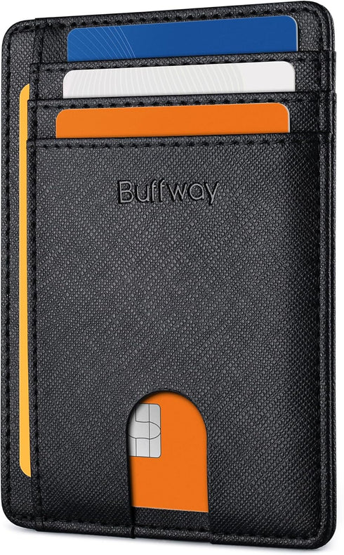 Buffway Slim Minimalist Front Pocket RFID Blocking Leather Wallets for Men and Women - Cross Black...
