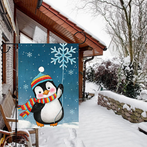 Winter Penguins Garden Flag Welcome Christmas Snowflakes Scarfs Yard Flags 12x18 Inch Double Sided Burlap Xmas Banner for Winter Holiday Christmas...