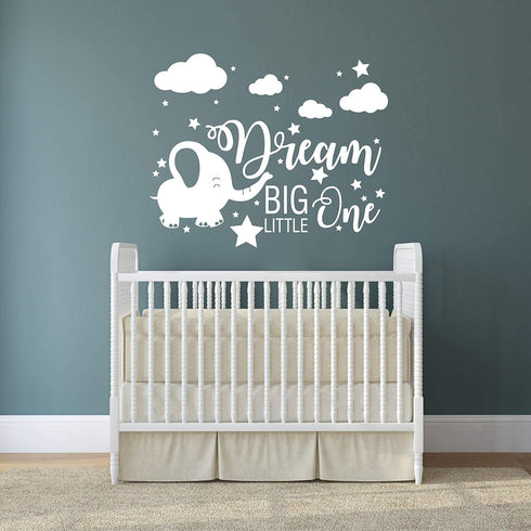 Elephant Nursery Wall Decal, Dream Big Little One Decal, Elephant Sticker, Baby Boy Girls Room Decor, Nursery Decals, Cloud and Star Nursery A42 (...