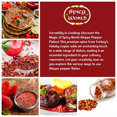 Spicy World Aleppo Pepper Flakes 7 oz | Authentic Turkish Chili Spice for Exquisite Heat & Flavor | Premium Crushed Chili Pepper from Halaby Regio...