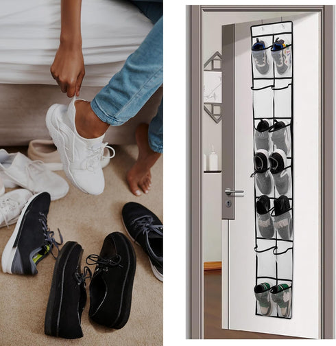 Over The Door Shoe Organizer, 14 Large Mesh Pockets Hanging Shoe Rack for Closet Organizers and Storage, White, 2-pack (white)...