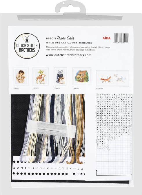 Dutch Stitch Brothers - Counted Cross Stitch Kit - DSB015 - Three Cats - Black Aida - 10.2 x 7.1 Inch - DIY for Adults......