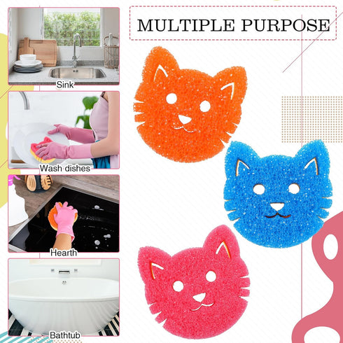 6 Pcs Cat Dual Sided Scrub Sponge Cleaning Sponges Cute Temperature Sensitive Dish Sponges for Washing Dishes Non Scratch Household Multi Use Spon...