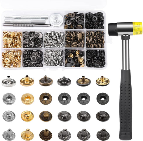 TLKKUE 120 Sets Leather Snap Fasteners Kit, Snap Buttons with Rubber Hammer, 10mm Metal Snap Buttons Press Studs with 4 Setting Tools, 6 Color Lea...