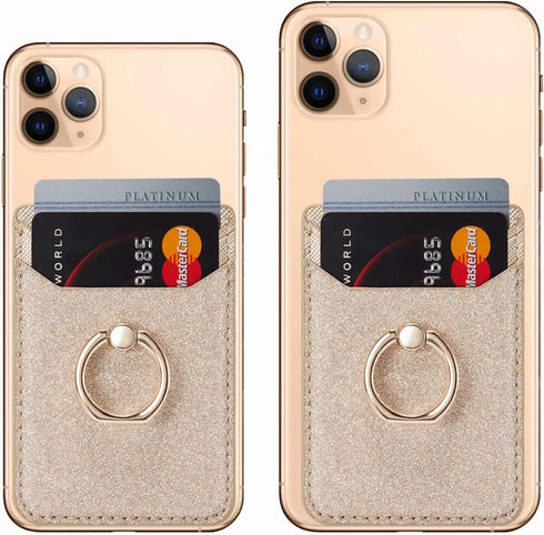 Card Holder Sleeve with Kickstand Ring for Women, 2 Pieces RFID Credit Wallet Glitter Stick On Back Grip for iPhone Samsung Smartphone - Pink + Go...