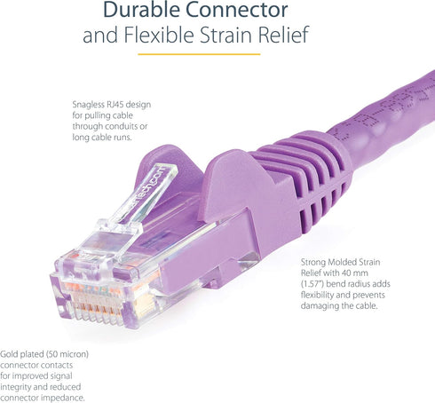 StarTech.com 20ft CAT6 Ethernet Cable - Purple CAT 6 Gigabit Ethernet Wire -650MHz 100W PoE++ RJ45 UTP Category 6 Network/Patch Cord Snagless Fluk...