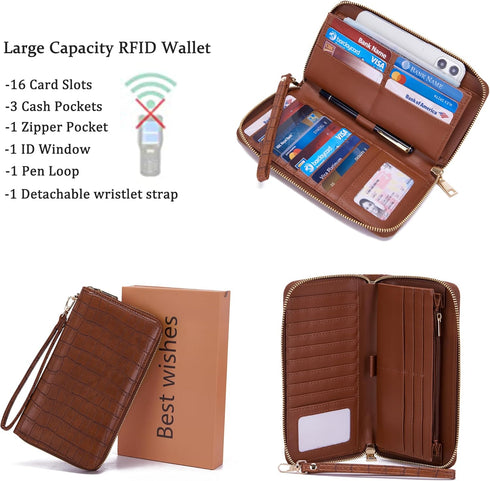 YZAOLL Women's Zip-Around Wristlet Wallet with RFID-Blocking Proteceion Large Capacity PU Leather Cards Holder with Checkbook Passport Slots,Brown...