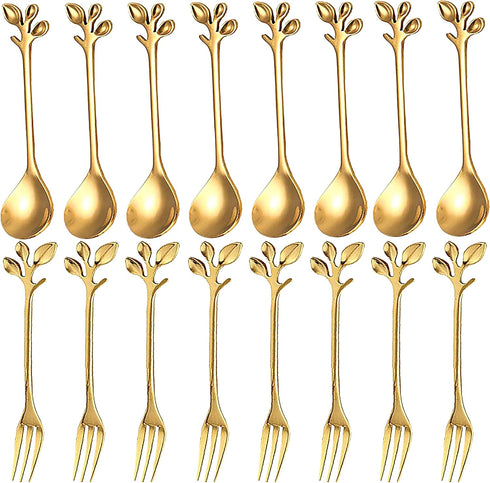 16 Pcs Stainless Steel Gold Leaf Coffee Spoon appetizer fork-4.7" Creative Tableware Dessert Spoons, Stirring, Mixing, Sugar, Stir, Ice Cream, Fru...