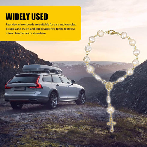 2 PCS Car Rearview Mirror Rosary Pendant, Rose Bead Christening Hollow Cross Bracelet, Creative Fashion Exquisite Bead Decoration, for Most Car, T...