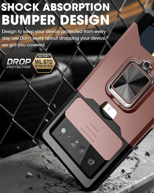 Compatible for Google Pixel 6 2021 Case (Not for 6P) with Camera Cover & Kickstand, Slide Lens Cover+Rotate Ring Stand+Card Holder, Impact-Resista...