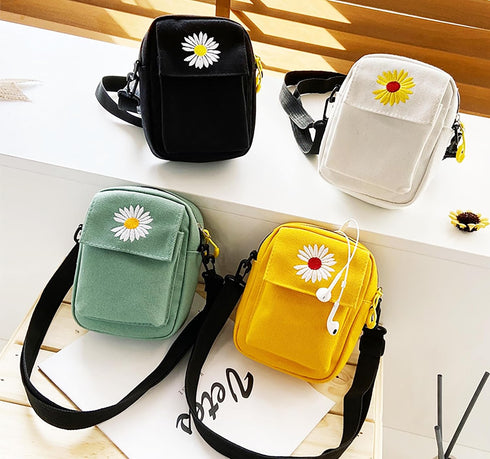 Daisy Flower Stylish Yellow Mini Cotton Canvas Crossbody Bag with Daisy Embroidery...