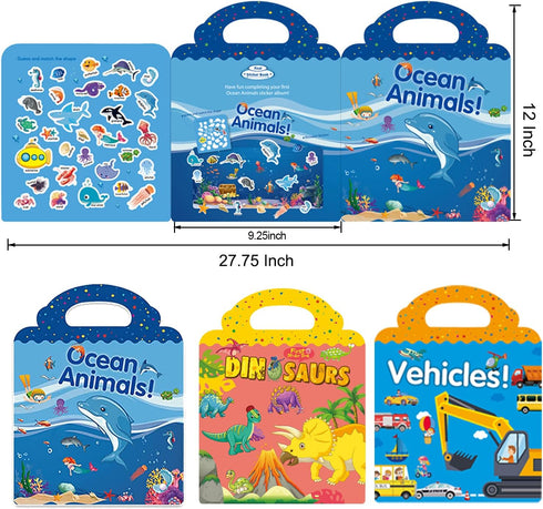 Reusable Sticker Book for Learning, 3 Sets Dinosaur Stickers Ocean Animals and Vehicles Theme Activity Sticker Books for Kids 3+ Girls Boys Travel...