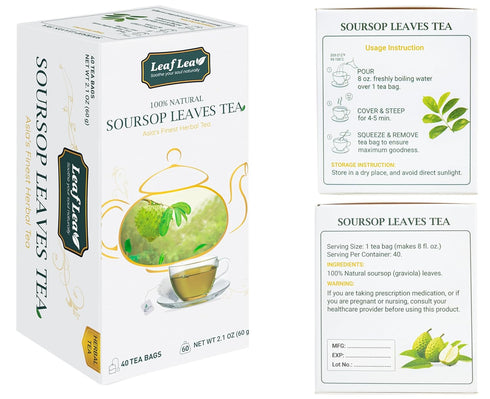 LeafLea Premium Soursop Leaves Tea Bags, Pure & Natural Soursop Tea, Graviola Leaves Tea, Hoja Guanabana Tea, 40 Herbal Tea Bags, Natural Digestio...