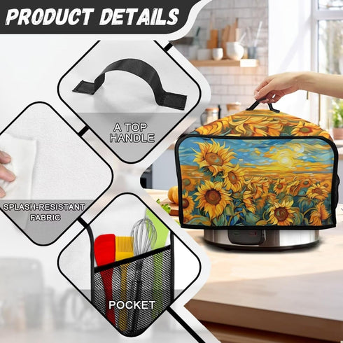 Oil Paninting Sunflower Slow Cooker Dust Cover Yellow Air Fryer Cover Top Handle and Storage Pockets Dust Covers for Kitchen Appliances...