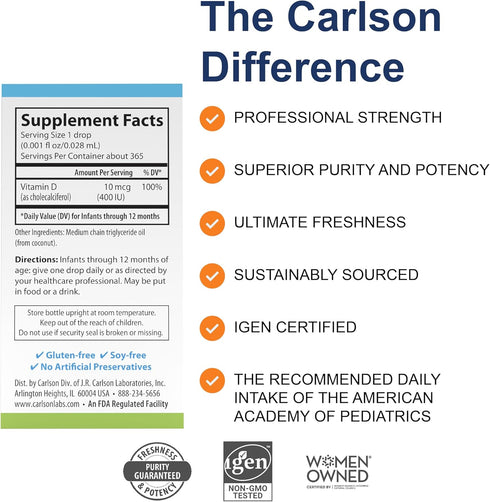 Carlson - Baby's Super Daily D3, Baby Vitamin D Drops, 400 IU (10 mcg) per Drop, 1-Year Supply, Vegetarian, Liquid Vitamin D for Infants and Toddl...
