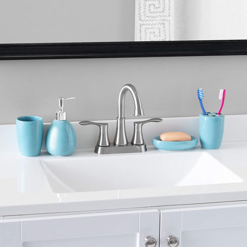 Home Basics 4-Piece Bathroom Accessory Set, Includes Soap/Lotion Dispenser, Toothbrush and Toothpaste Holder, Soap Dish, and Tumbler, Turquoise...