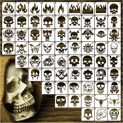 65 Pieces Skull Stencils for Painting, Flame Print Stencils Reusable Skull Fire Airbrush Stencil Templates for Wood DIY Crafts Scrapbooks Wood Hom...