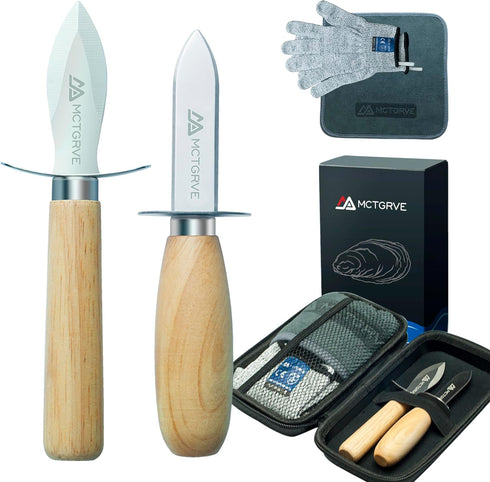 Oyster Shucking Knife and Glove Set -Oyster Shucker Kit with 2pcs Oyster Knife 1pair of Level5 Protection Gloves 1pc Kitchen Cloth-Seafood Opener ...