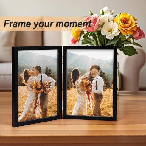 AEVETE 5x7 Picture Frames Double Hinged Wood Folding Photo Frames Vertical with Plexiglass Front, Black...