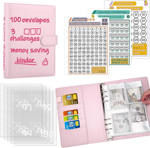 Antner 100 Envelopes Challenge Binder Money Savings Challenges Book to Save $5,050 and $10,000 and $500, A5 Money Saving Planner Cash Envelope Bud...