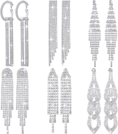 Sureio 6 Pairs Long Earrings Silver Chandelier Tassel Dangle Earrings for Women Wedding Prom Party Jewelry Fringe Rhinestone Earrings Boho Tassel ...