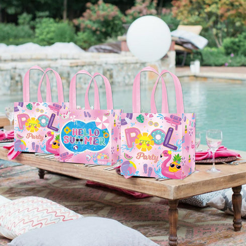 C L cooper life 12pcs Summer Pool Party Gift Treat Bags with Handles Pink Hello Summer Theme Non-Woven Bags for Girls Beach Pool Birthday Party Ha...