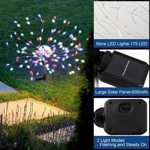2 Pack 175 LED Solar Firework Lights Outdoor, 4th of July Decorations Solar Garden Lights Waterproof with 2 Modes Twinkling Lights, Solar Starburs...