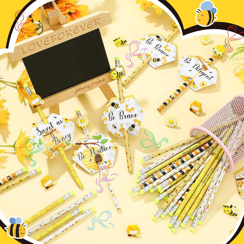 48 Sets Bee Themed Gifts 48 Scented Bee Inspirational Pencils, 48 Motivational Cards and 48 Pencil Topper Clip for Kids Graduation Gifts End of th...