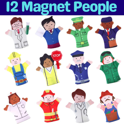 Magnet Happy Helpers People Toy Set for Fridge, Board and Refrigerator Magnets - Soft Fabric - 12 Pieces - Variety of Neighborhood People Characte...