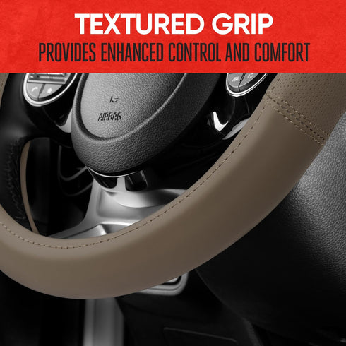 Motor Trend Soft Touch Leather Beige Steering Wheel Cover with Grooves, Advanced Traction Universal Fit for Standard Sizes 14.5 15 15.5 inches...