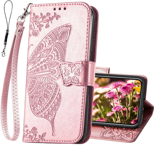for iPhone 12 Pro/iPhone 12 Wallet Case,Women Flip Folio Cover with Butterfly Embossed PU Leather Kickstand Credit Card Holder Slots Wrist Strap f...