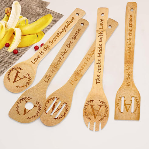 5PCS Initial Wooden Cooking Spoons Initial Gifts Kitchen Decor Personalized Customized Monogrammed Birthday Gifts for Women Mother,New Mom,Teacher...