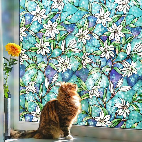 Coavas Decorative Window Privacy Film, Heat Control Sun Blocking Stained Glass Window Film, Floral Design Static Cling, Non Adhesive Windows Tint ...