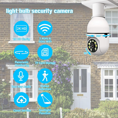 Light Bulb Security Camera 2K 2.4GHZ / 5GHz WiFi Camera with Night Vision, Remote Control Outdoor Camera Motion Detection & Tracking Surveillance ...